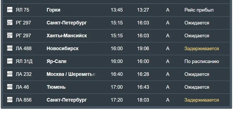 Задержка рейсов на прилет. Фото: скриншот slyport.ru