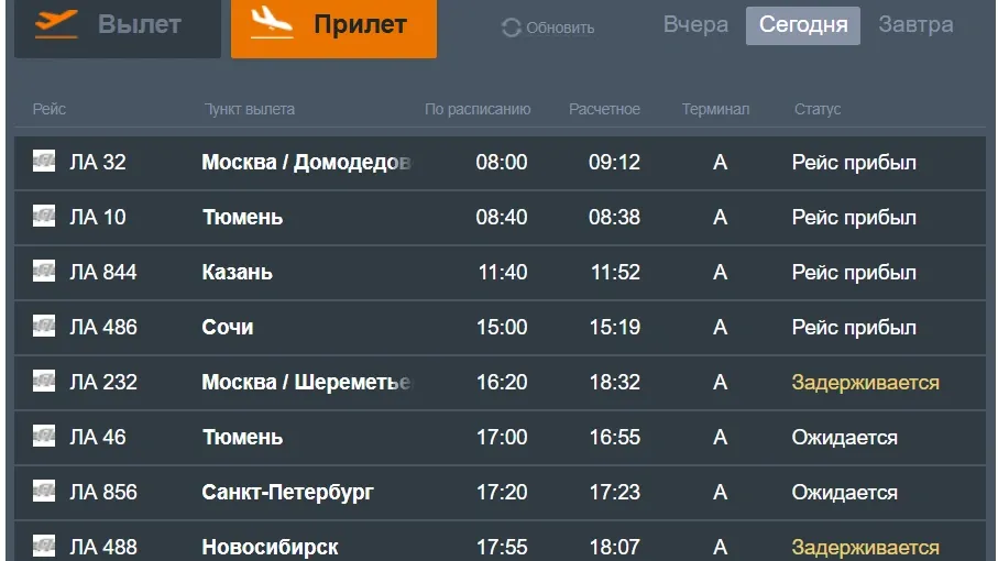 Задержка рейсов на прилет. Скриншот slyport.ru