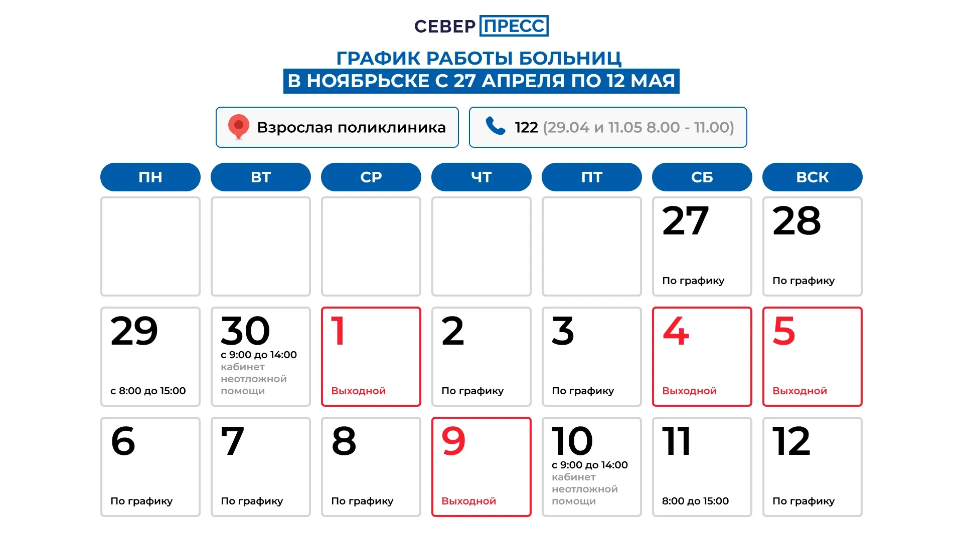 График работы взрослой поликлиники. Графика: Татьяна Бояринова / «Ямал-Медиа»