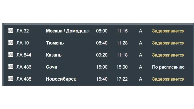 Задержка рейсов на прилет в Салехарде. Скриншот slyport.ru