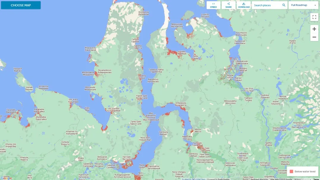 Фото: скриншот карты Climate Central / coastal.climatecentral.org