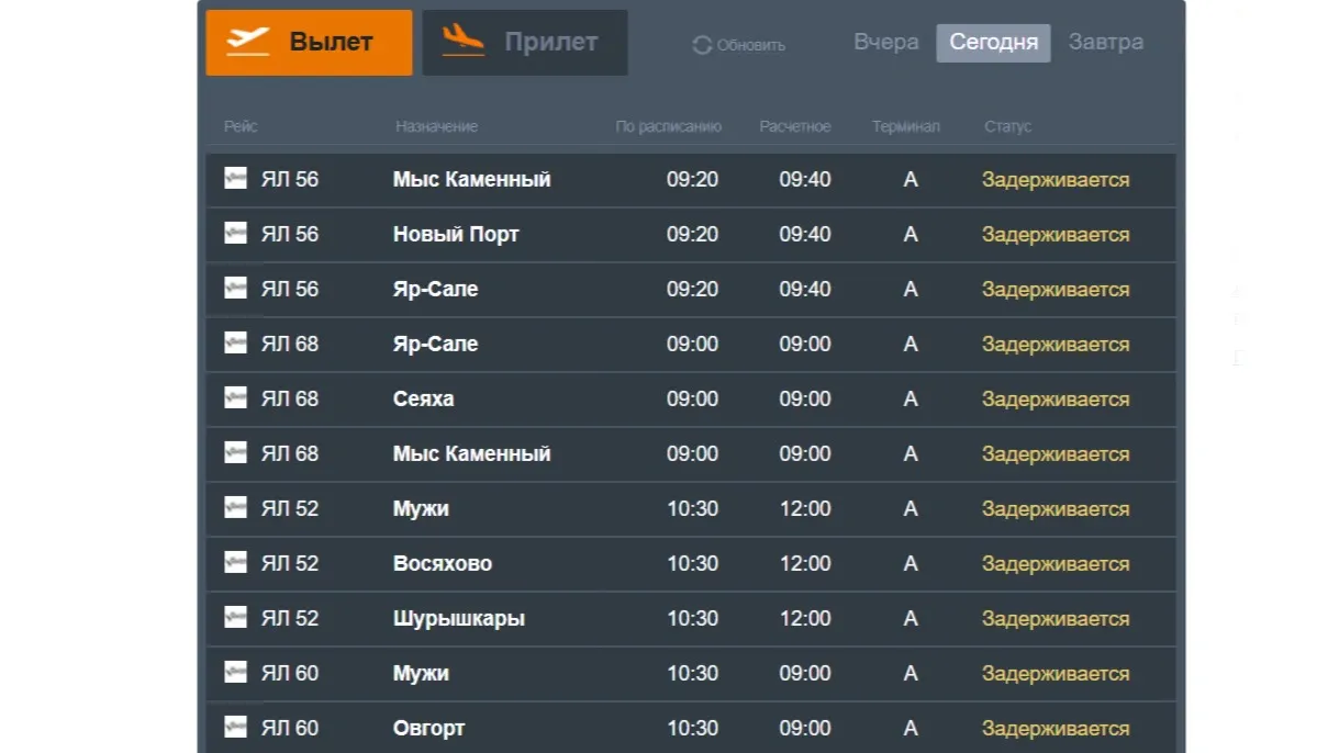 Задержка рейсов в Салехарде. Фото: скриншот slyport.ru