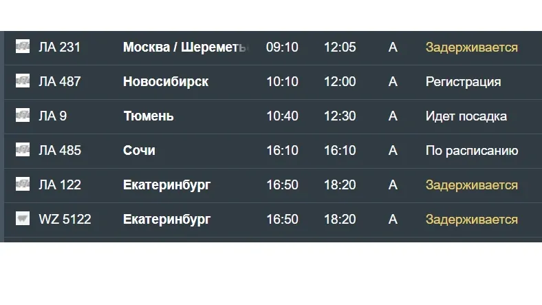 Задержка рейсов на вылет в Салехарде. Скриншот slyport.ru