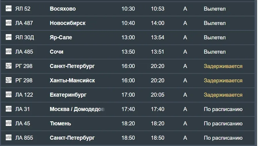 Задержка рейсов на вылет. Фото: скриншот slyport.ru